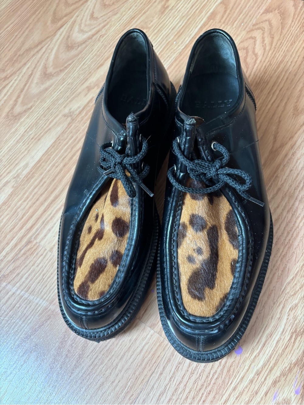 Bally Black Leather Lace-Up Shoes with Leopard Haircalf Accent